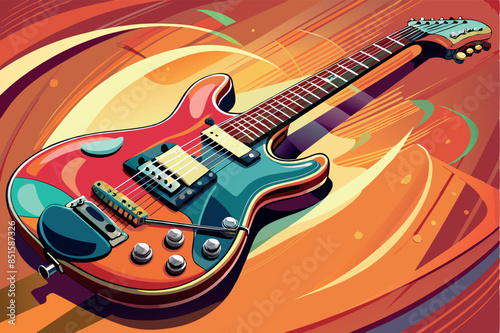 Illustration of an electric guitar on a bright and colorful background that hints at movement or sound waves.A sense of excitement and inspiration among music lovers