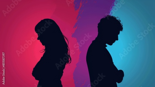 A couple silhouette background looking in different direction, in marriage clash and about to get divorce or to separate