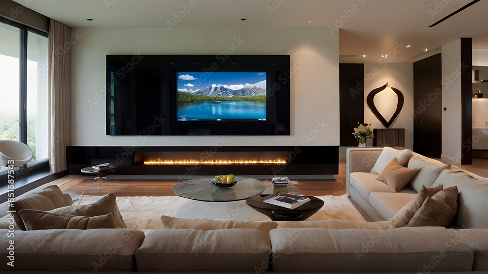 Fototapeta premium Loft style in tv room interior wall mockup on concrete wall,3d rendering, interior design 