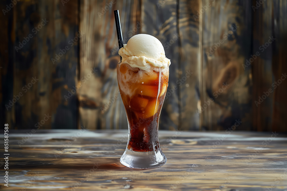 Fizzy soda float with a scoop of vanilla ice cream Fizzy soda float with a scoop of vanilla ice cream