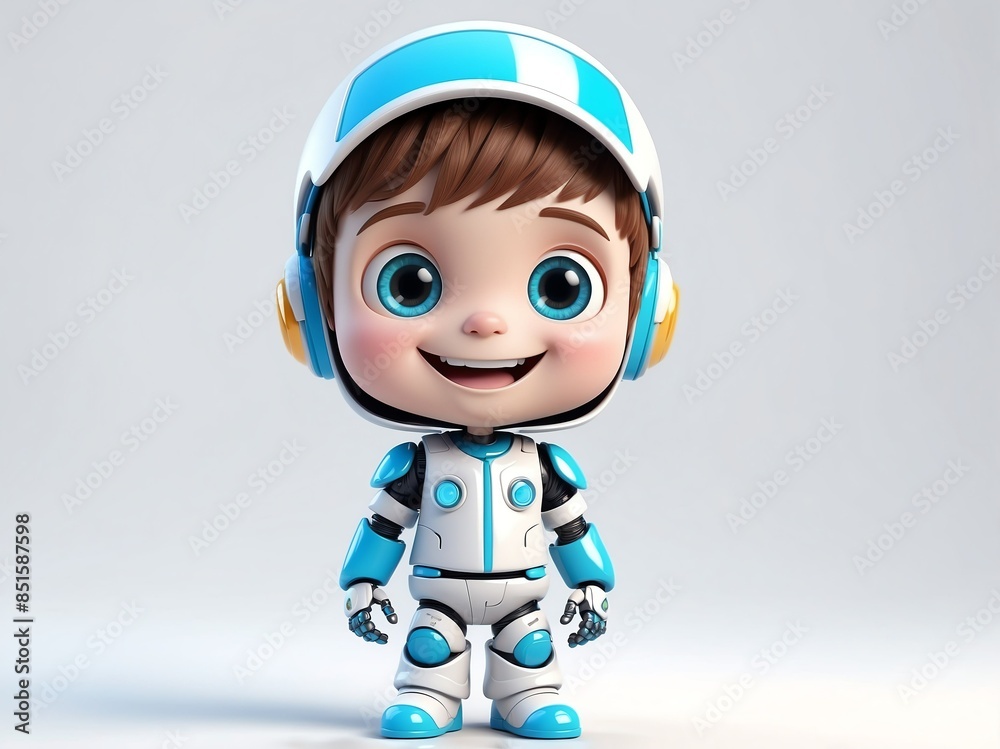 smiling android boy cute d art illustration in plain white background smiling android boy cute d art illustration in plain white background