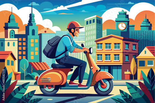 a courier riding a red scooter. In the background you can see a cityscape with various buildings. the theme is urban transportation, eco-friendly travel or life in the city.