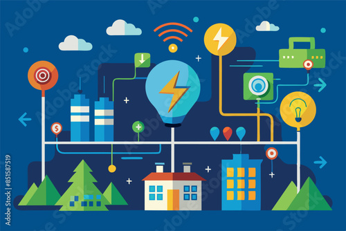 illustration related to energy production, distribution and integration of smart technologies. the concept of a smart grid or interconnected power systems,