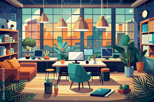the office is furnished with sofas, armchairs and office chairs. the theme combines elements of comfort and functionality, creating an attractive atmosphere for work.