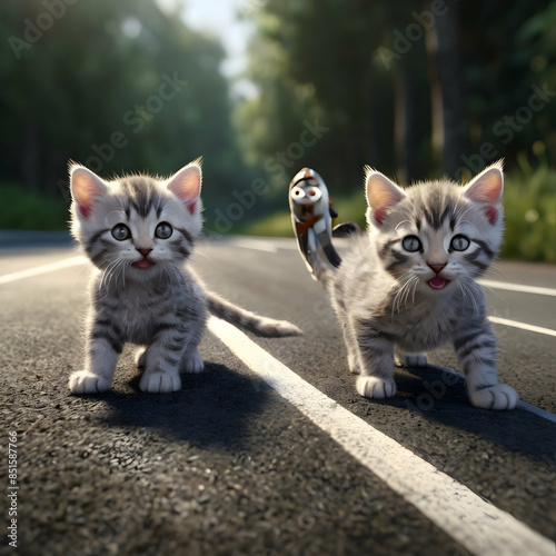 Three adorable anthropomorphic kittens, grey and white tabbies dressed in pastel-colored outfits, race along a scenic track lined with trees in their miniature, high-end sports cars.  © boubker