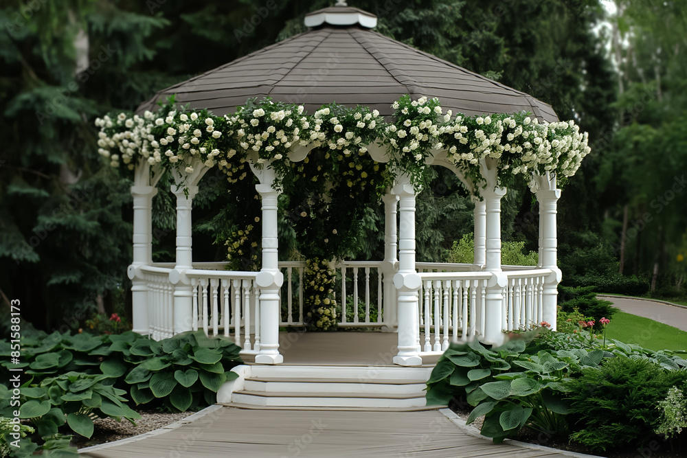 Obraz premium A romantic wedding gazebo adorned with flowers symbolizing a picturesque ceremony 