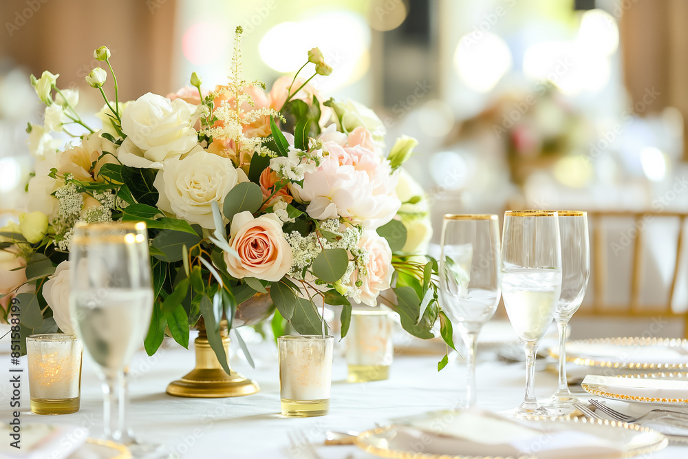 Wedding reception table adorned with elegant centerpiece symbolizing love and celebration Wedding reception table adorned with elegant centerpiece symbolizing love and celebration