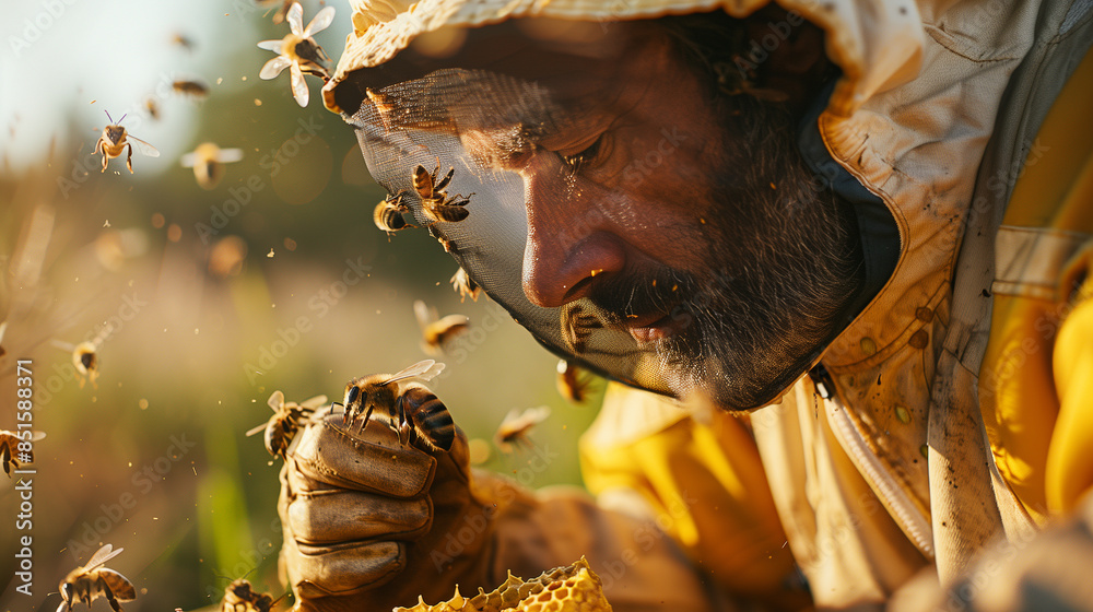Fototapeta premium Beekeeper producing honey outdoors. Closeup portrait. 