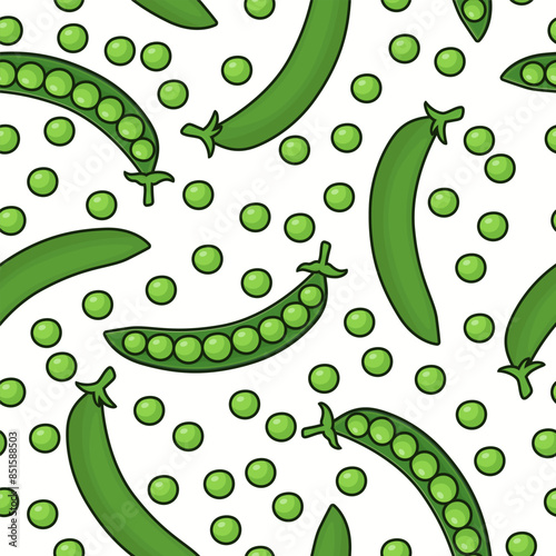 Vector Seamless Pattern with Flat Cartoon Green Peas. Fresh Cartoon Organic Vegetables Isolated. Pods of Green Peas. Vector Illustration