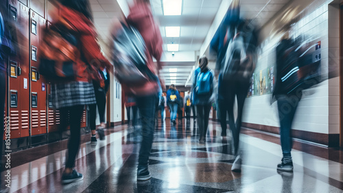 Busy school hallway bustling with students and lockers 