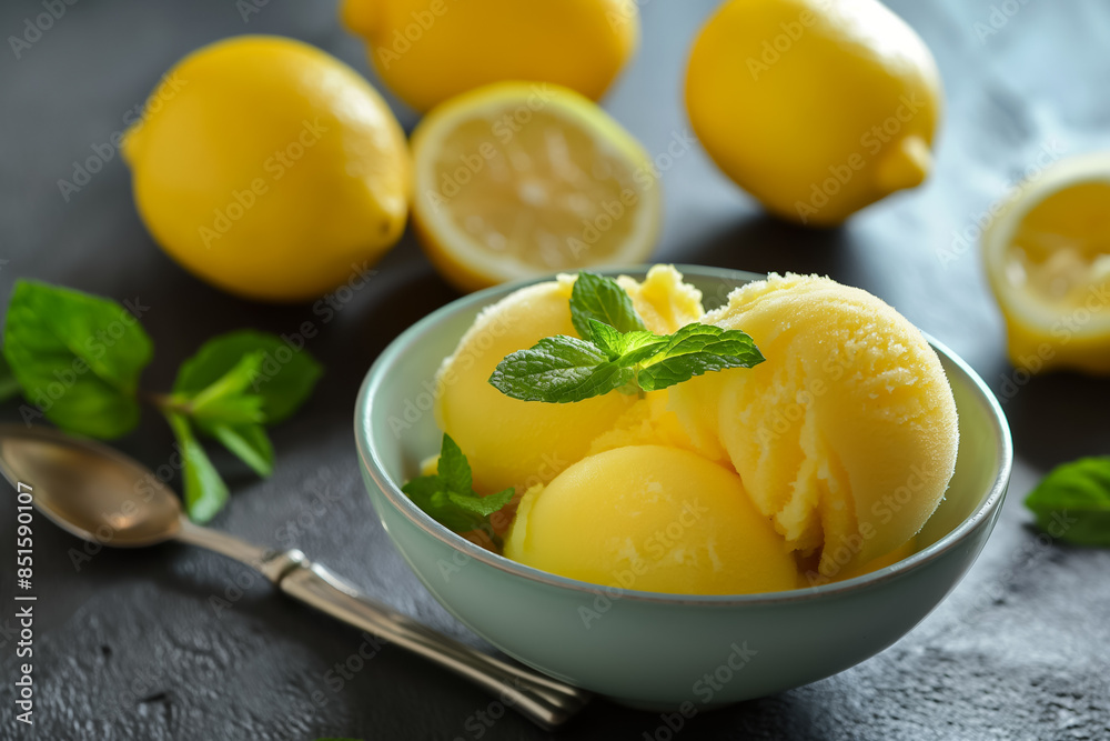 Zesty lemon sorbet with a sprig of mint garnish Zesty lemon sorbet with a sprig of mint garnish