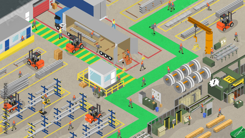 Stock métal, usine, vectoriel isométrique; industrie, chargement, logistique