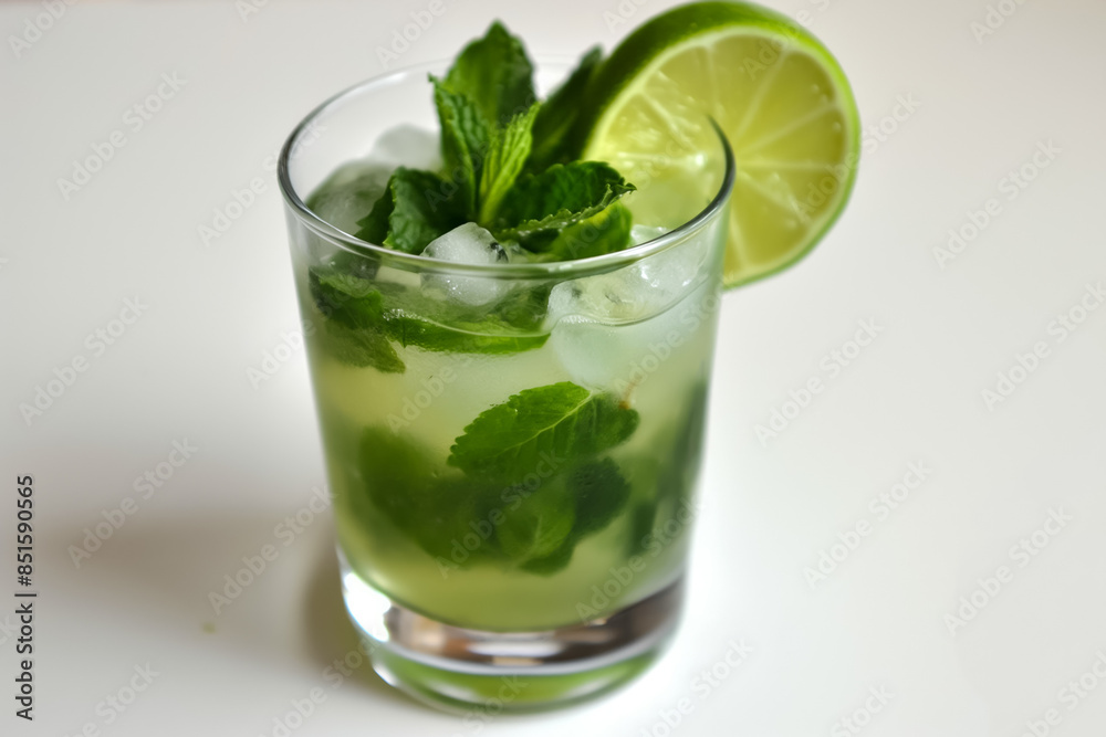 Refreshing mojito with lime wedges and mint leaves Refreshing mojito with lime wedges and mint leaves