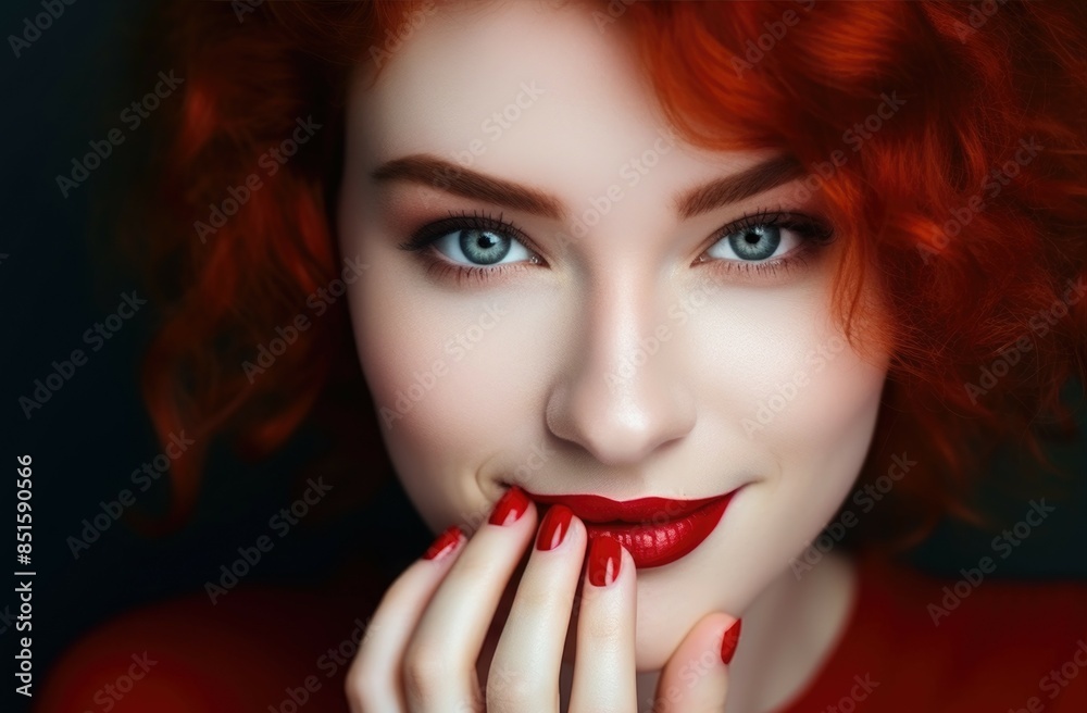 Fototapeta premium Beautiful smiling young model with red lips. Perfect skin makeup. Young happy optimistic woman.