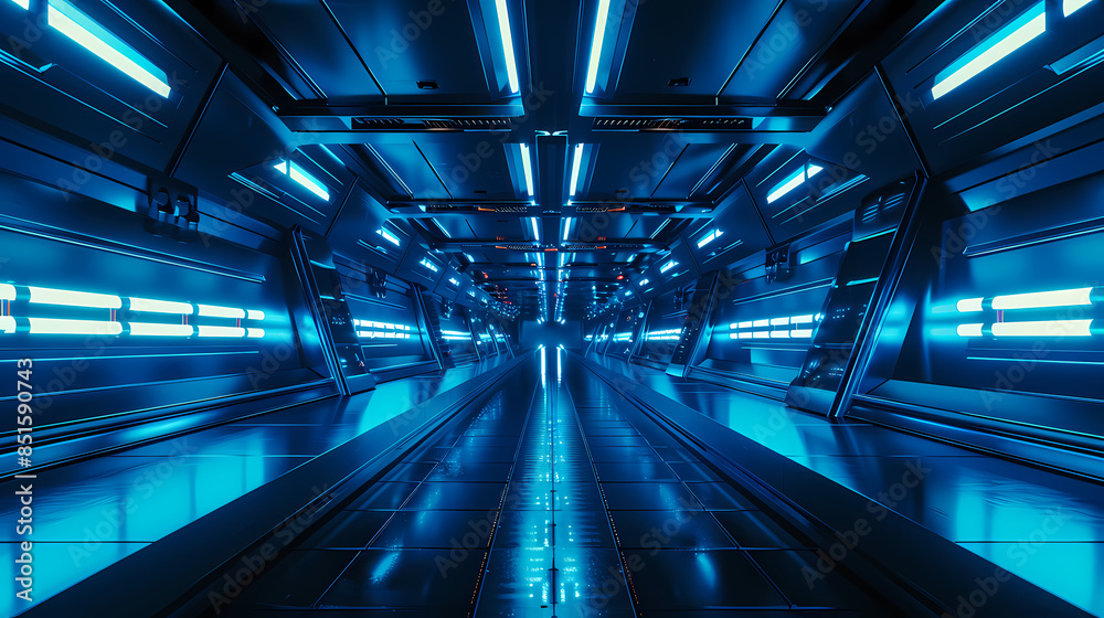 Fototapeta premium Blue glowing sci-fi corridor