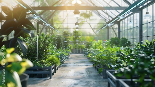 A smart greenhouse with automated climate control systems, filled with vibrant plants and natural light, showcasing modern agricultural technology and sustainable growing practices
