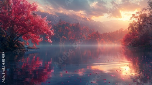 Pink Sunset Over Misty Lake With Red Trees © lemoncraft