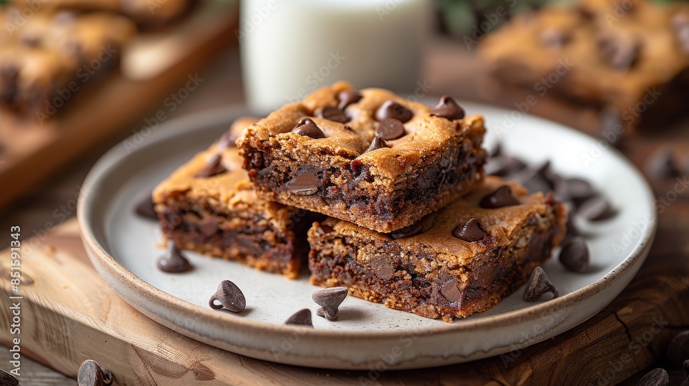 Delicious homemade blondies stacked on a plate, chocolate chips scattered around, rustic wooden background Delicious homemade blondies stacked on a plate, chocolate chips scattered around, rustic wooden background