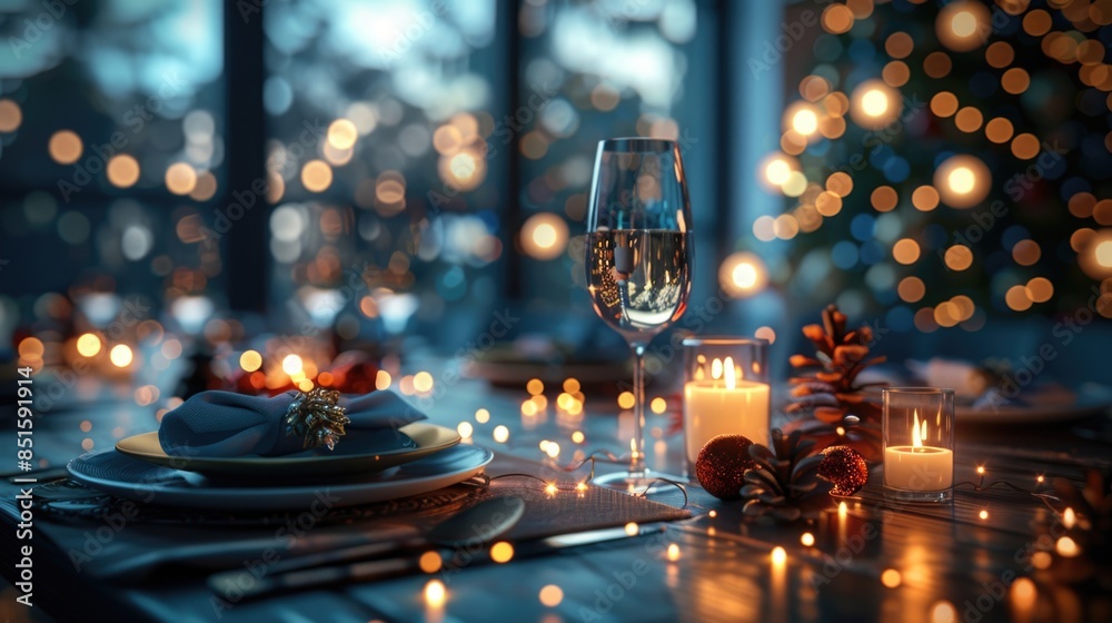 Elegant Christmas Dinner Table Setting with Festive Lights and Decor