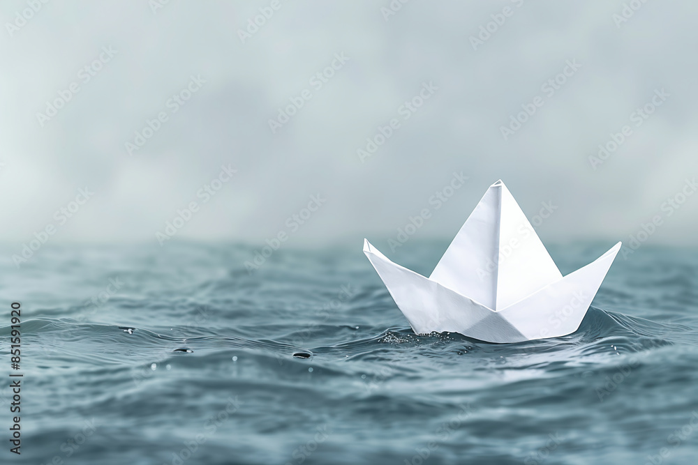 Paper boat floating on the sea, clean background, risk taking concept metaphor, challenge, opportunity Paper boat floating on the sea, clean background, risk taking concept metaphor, challenge, opportunity