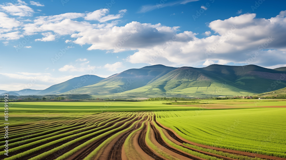 Obraz premium Expansive Green Fields Leading to Mountains