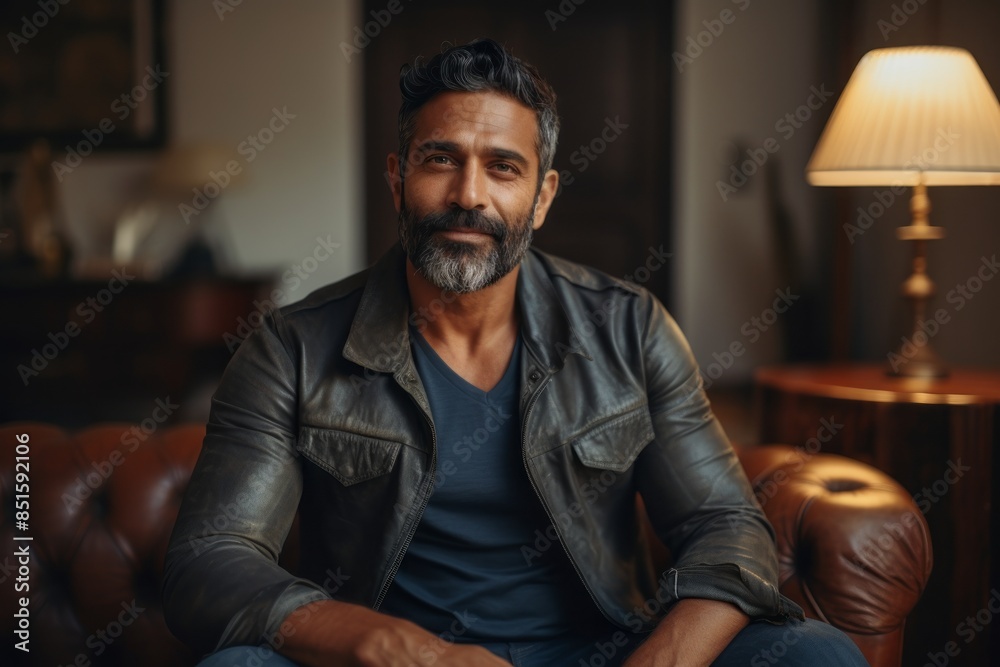 Portrait of a glad indian man in his 40s sporting a rugged denim jacket isolated on crisp minimalistic living room Portrait of a glad indian man in his 40s sporting a rugged denim jacket isolated on crisp minimalistic living room