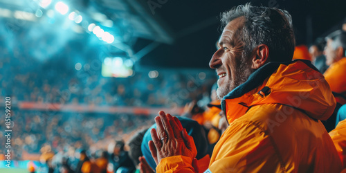 Enthusiastic fans in orange jackets cheering at a live sports event under bright stadium lights, capturing the lively atmosphere. photo