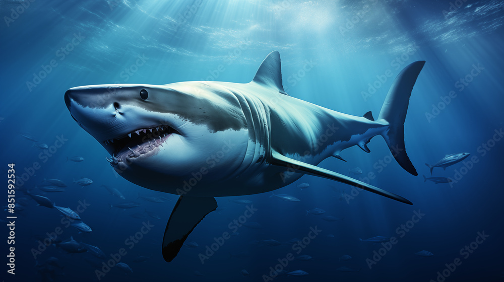 Fototapeta premium Majestic Great White Shark Swimming Underwater