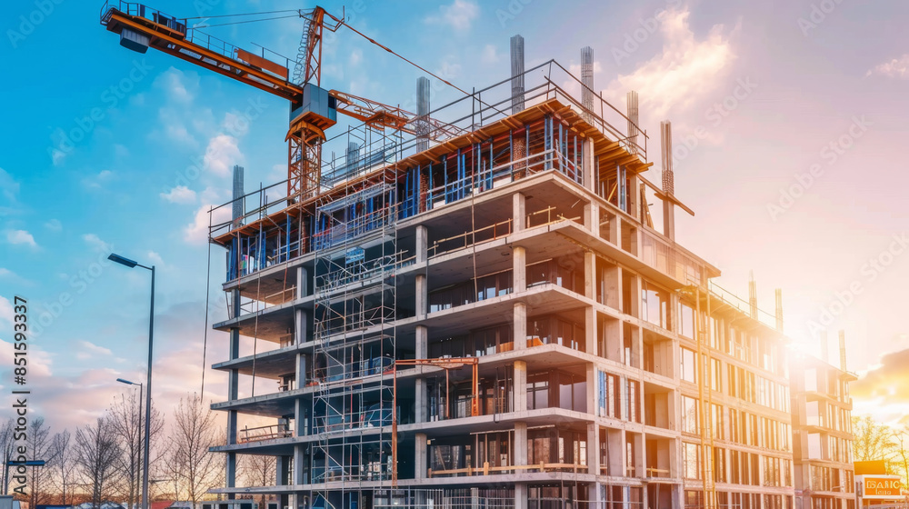 new building construction, modern industrial architecture under development with steel frame and wooden scaffolding. building under construction, industrial development new building construction, modern industrial architecture under development with steel frame and wooden scaffolding. building under construction, industrial development