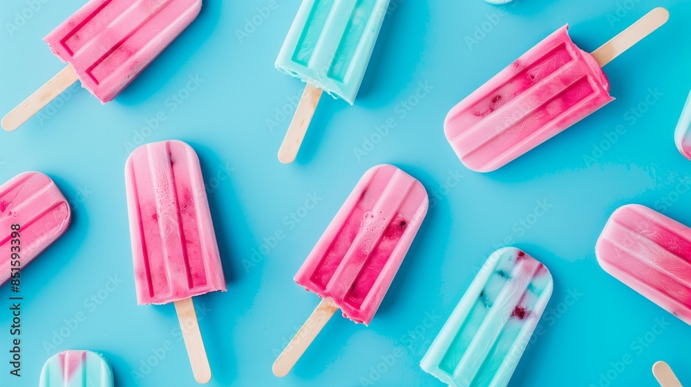 Colorful pink and blue popsicles on a vibrant blue background, top view flat lay composition Colorful pink and blue popsicles on a vibrant blue background, top view flat lay composition