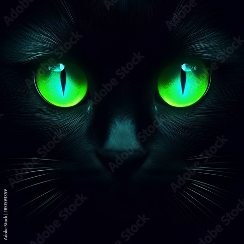 Green cat eyes glow in the dark on a black background, close up of a black cat's face.