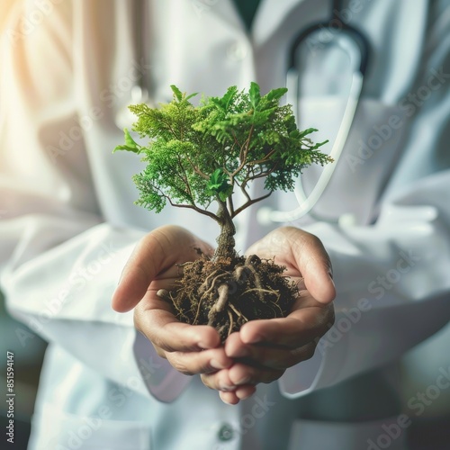 Doctor holding small tree symbolizing eco-conscious healthcare and sustainability, reflecting the synergy between medical care and environmental health.