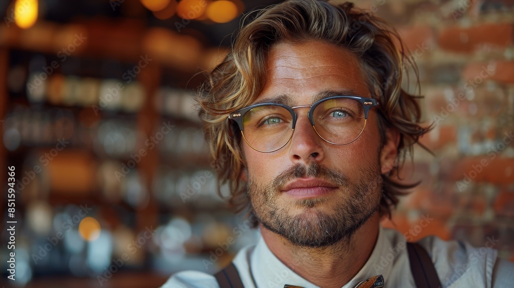 Handsome man with styled hair and glasses posing in front of a rustic brick wall, wearing a leather apron Handsome man with styled hair and glasses posing in front of a rustic brick wall, wearing a leather apron