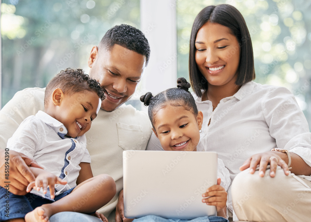 Family, happy and relax with laptop on sofa for streaming movie, video and online entertainment for trending content. Mom, father and siblings in home in living room with technology for subscription. Family, happy and relax with laptop on sofa for streaming movie, video and online entertainment for trending content. Mom, father and siblings in home in living room with technology for subscription.