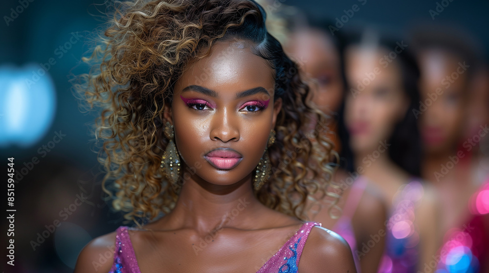 Obraz premium Super Beautiful Black Model on Podium (Catwalk). Curly Brunette Hair and Pink Make-Up