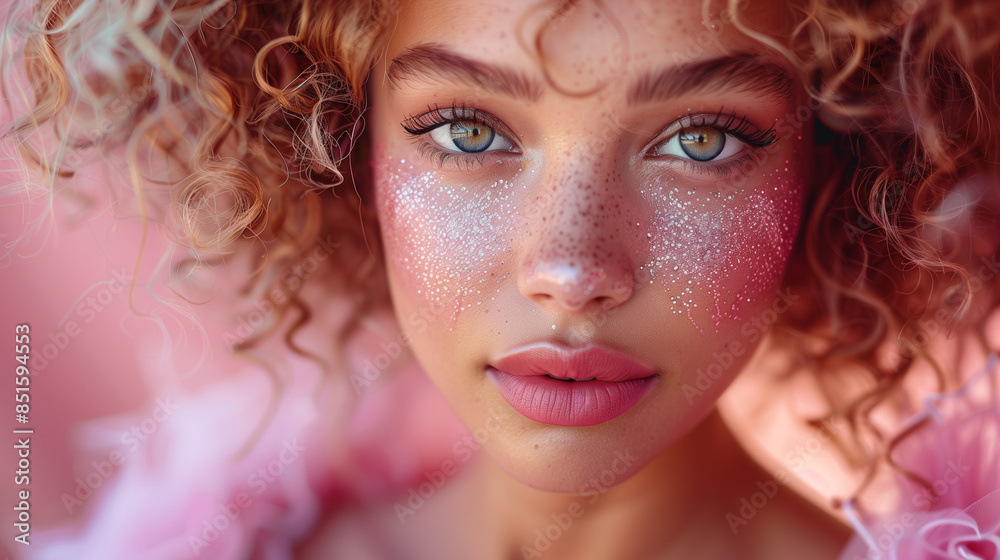 Woman Portrait Close-up. Fantasy Pink Flowers and Glitter on Face. Make-up and lips Woman Portrait Close-up. Fantasy Pink Flowers and Glitter on Face. Make-up and lips