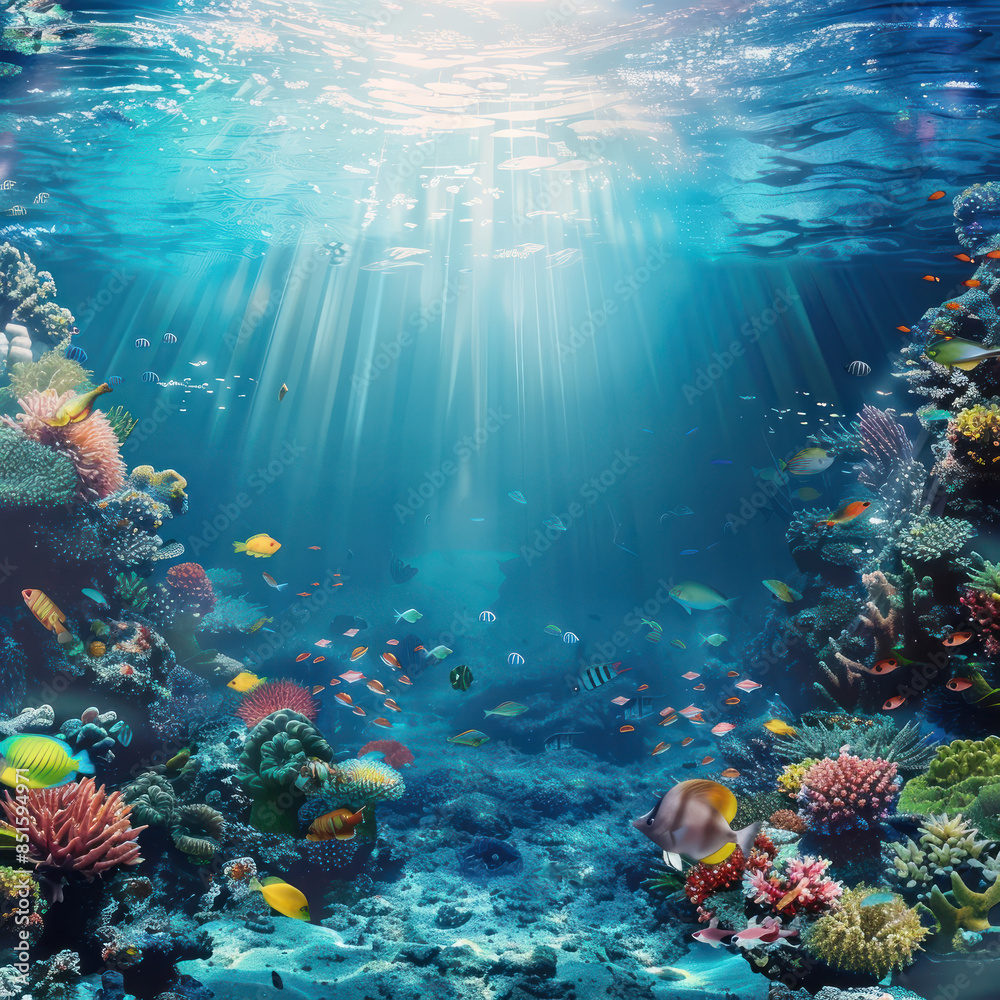Fototapeta premium A beautiful underwater scene with sunlight filtering through the surface.