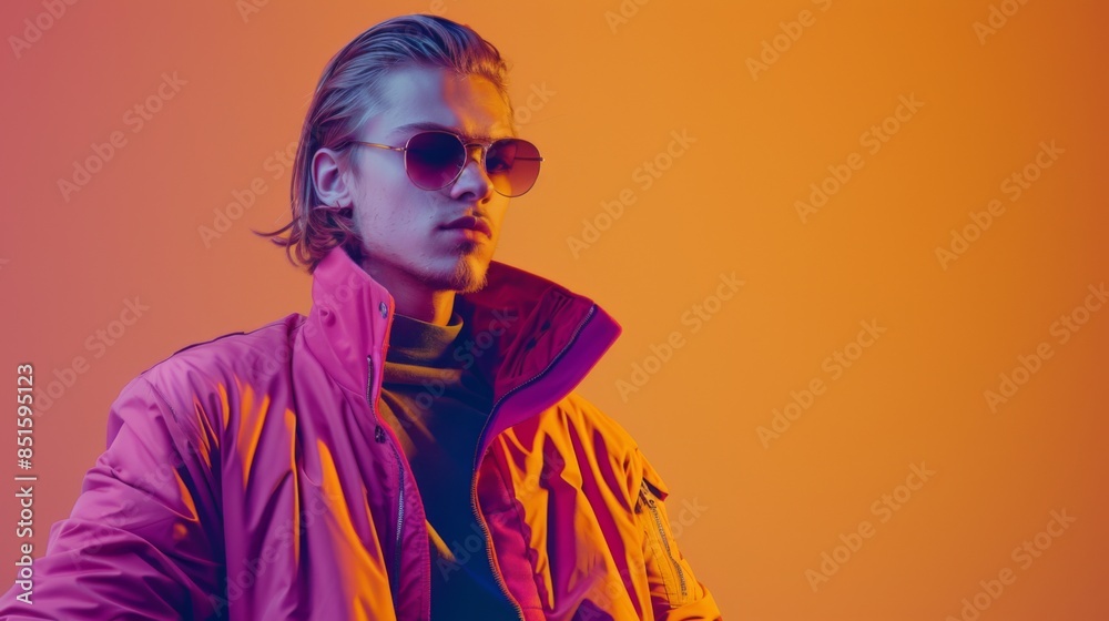 Gen - z handsome caucasian European fashionable male, wearing neon stylish clothes, retro style in the style of vaporwave fashion with copy space Gen - z handsome caucasian European fashionable male, wearing neon stylish clothes, retro style in the style of vaporwave fashion with copy space