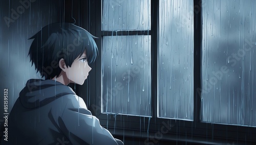 lofi anime sad graphic with a muted color palette of blues and grays, depicting a lone character gazing out a rain-streaked window, capturing a sense of quiet melancholy. Soft, background