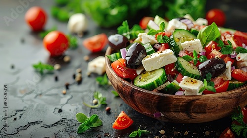 Greek food, a fresh and colorful Greek salad with feta cheese and olives, with plenty of copy space photo