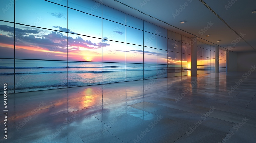 An empty room with a wall that can display a live feed of the sunrise and sunset from different parts of the world An empty room with a wall that can display a live feed of the sunrise and sunset from different parts of the world