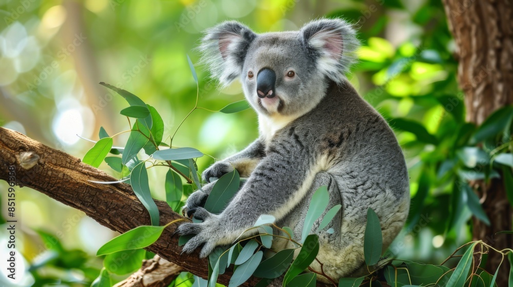 Obraz premium Koala Bear Sit On The Branch of the tree and eat leaves 4K Wallpaper