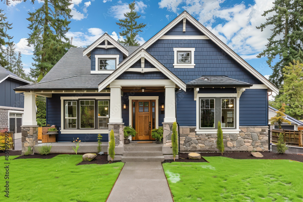 Navy blue craftsman cottage home with stone accents, front yard landscaping, and green grass