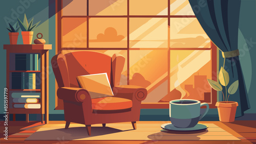 A cozy living room with a chair, a cup of coffee, and a potted plant. The room is filled with warmth and comfort, making it an ideal place to relax and unwind