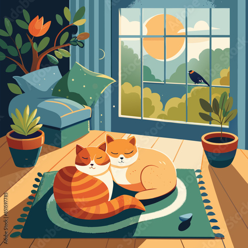 Two cats are sleeping on a rug in a room with a window. A bird is outside the window
