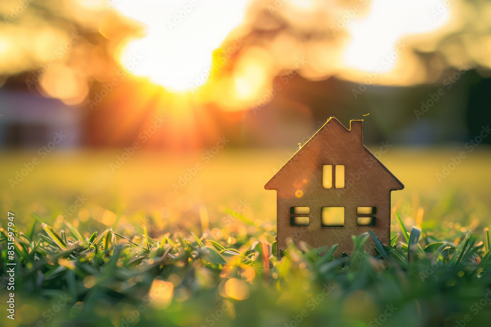 A wooden house model is placed on the grass, with a blurred background of sunset in a bokeh style. A wooden house model is placed on the grass, with a blurred background of sunset in a bokeh style.