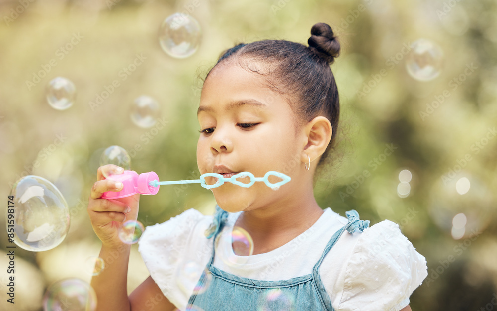 Child, girl and blowing bubbles in outdoor park for playing, development or activity. Summer, freedom and young kid with soap toy for entertainment, having fun or enjoyment on weekend in backyard Child, girl and blowing bubbles in outdoor park for playing, development or activity. Summer, freedom and young kid with soap toy for entertainment, having fun or enjoyment on weekend in backyard