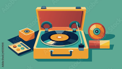 A colorful box with a record player and a record in it. The box is yellow and has a red handle