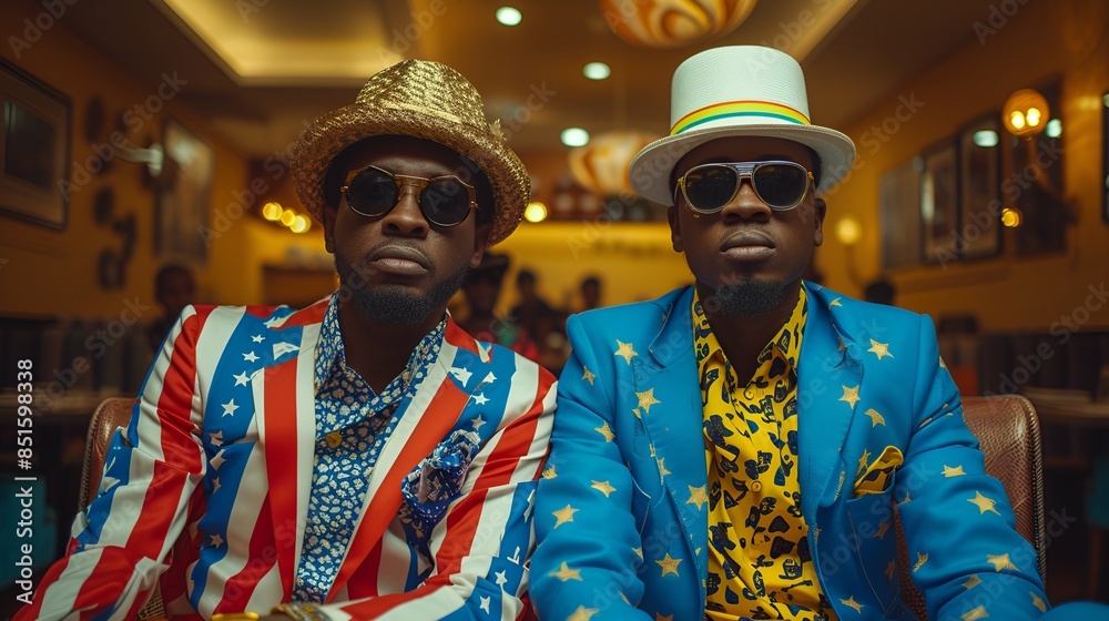 Obraz premium Men dressed in patriotic outfits for July 4th - Independence Day - United States flag style