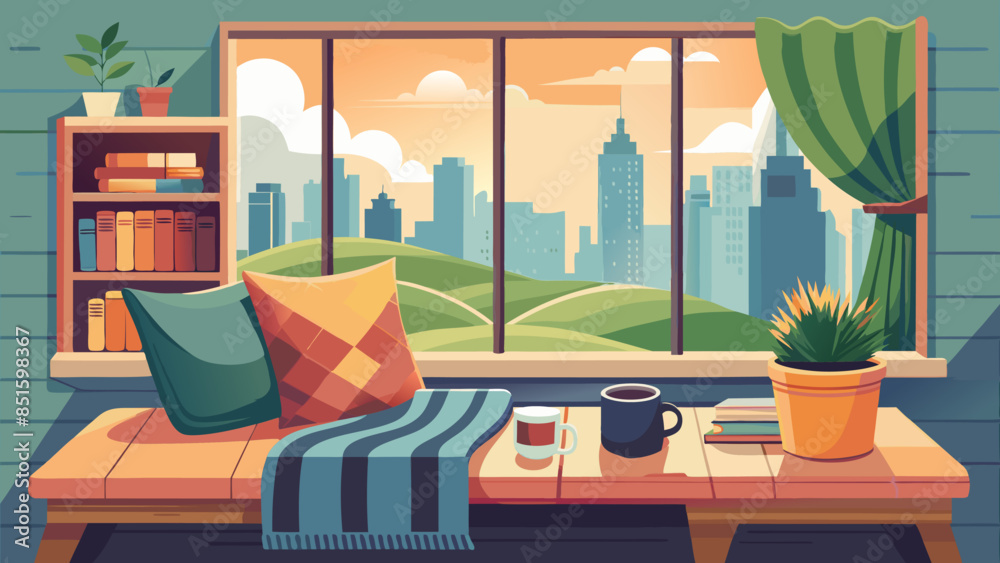 A window with a view of a city and a bench with a blanket and a cup of coffee A window with a view of a city and a bench with a blanket and a cup of coffee